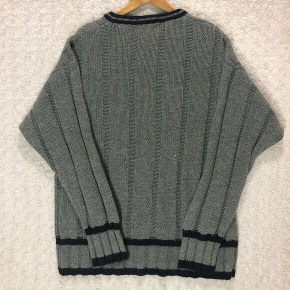 Concrete V-Neck Sweater Cable Knit Striped Trim Pullover Gray Men's Size L - Picture 3 of 3